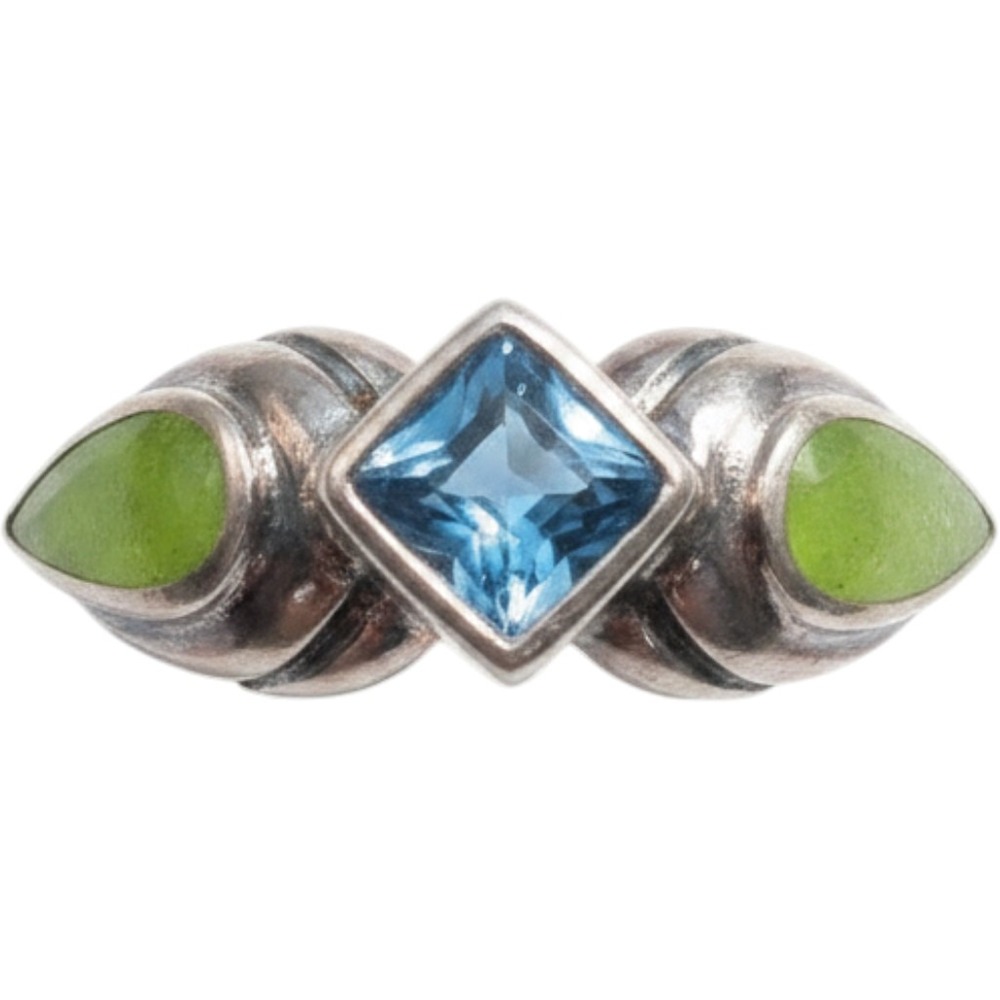 925 Sterling Silver Blue Topaz & Green Gaspeite Square Cut Ring Size 7.25 4.05g